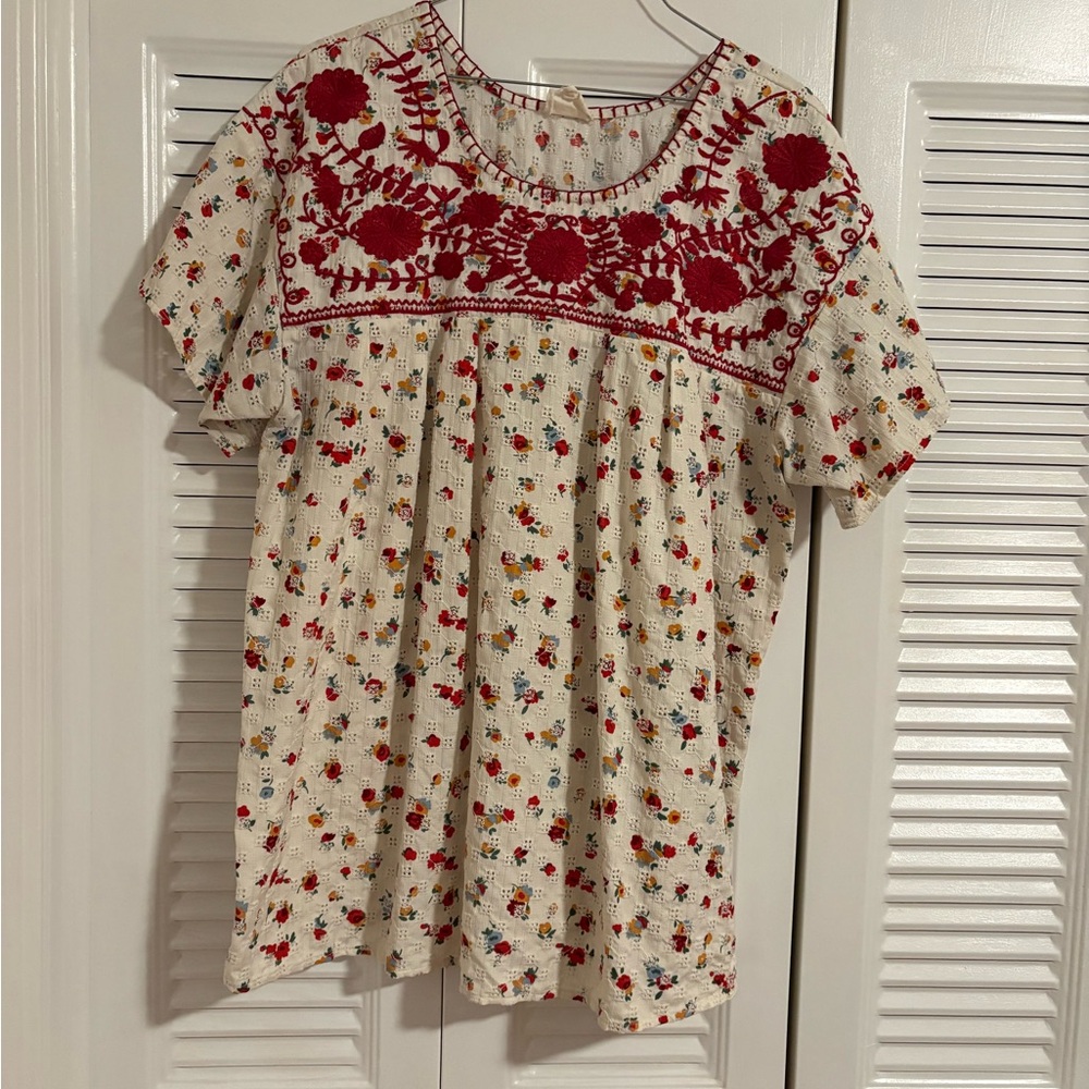 Layerz clothing Cream Blouse with Red Floral Embroidery
